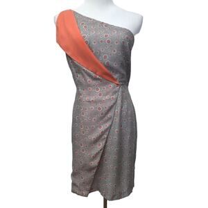 Gemma Crus Dress 6 Gray Orange Dots Circles One Shoulder